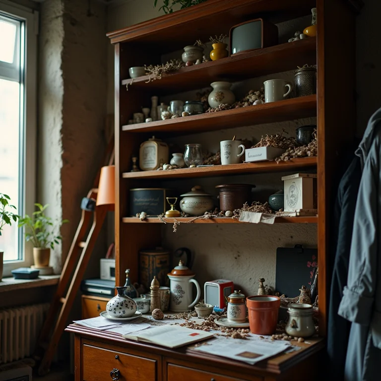 Prateleira cheia de objetos desnecessários em apartamento pequeno