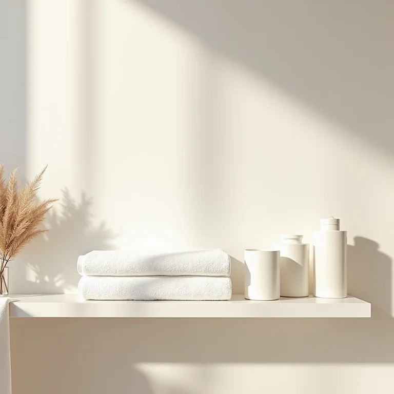 Prateleira de banheiro com toalhas e produtos de beleza.