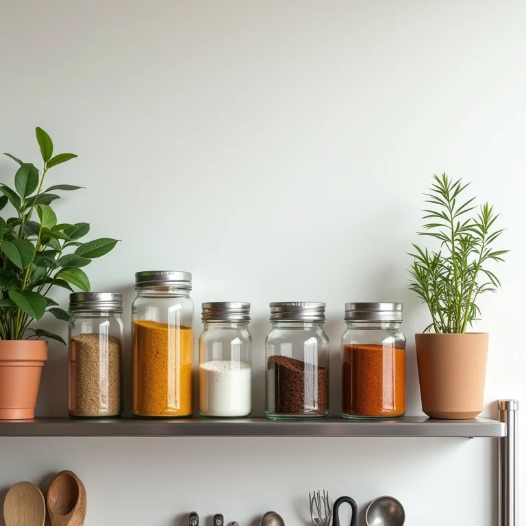 Prateleira de cozinha com temperos e utensílios.