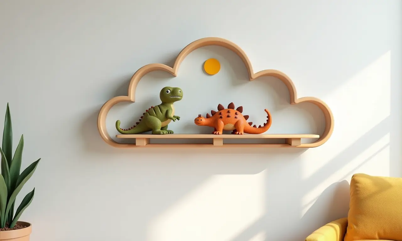 Prateleira em formato de nuvem com tema de dinossauro em MDF.