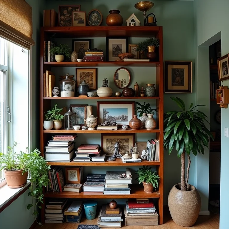 Prateleira lotada de objetos decorativos em apartamento pequeno.