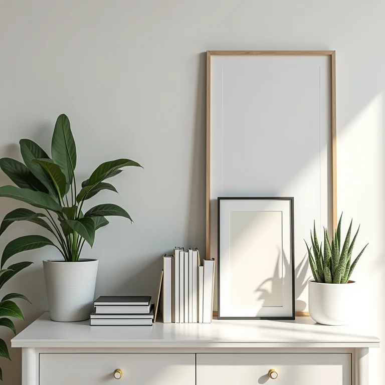 Prateleira organizada com objetos decorativos no quarto.