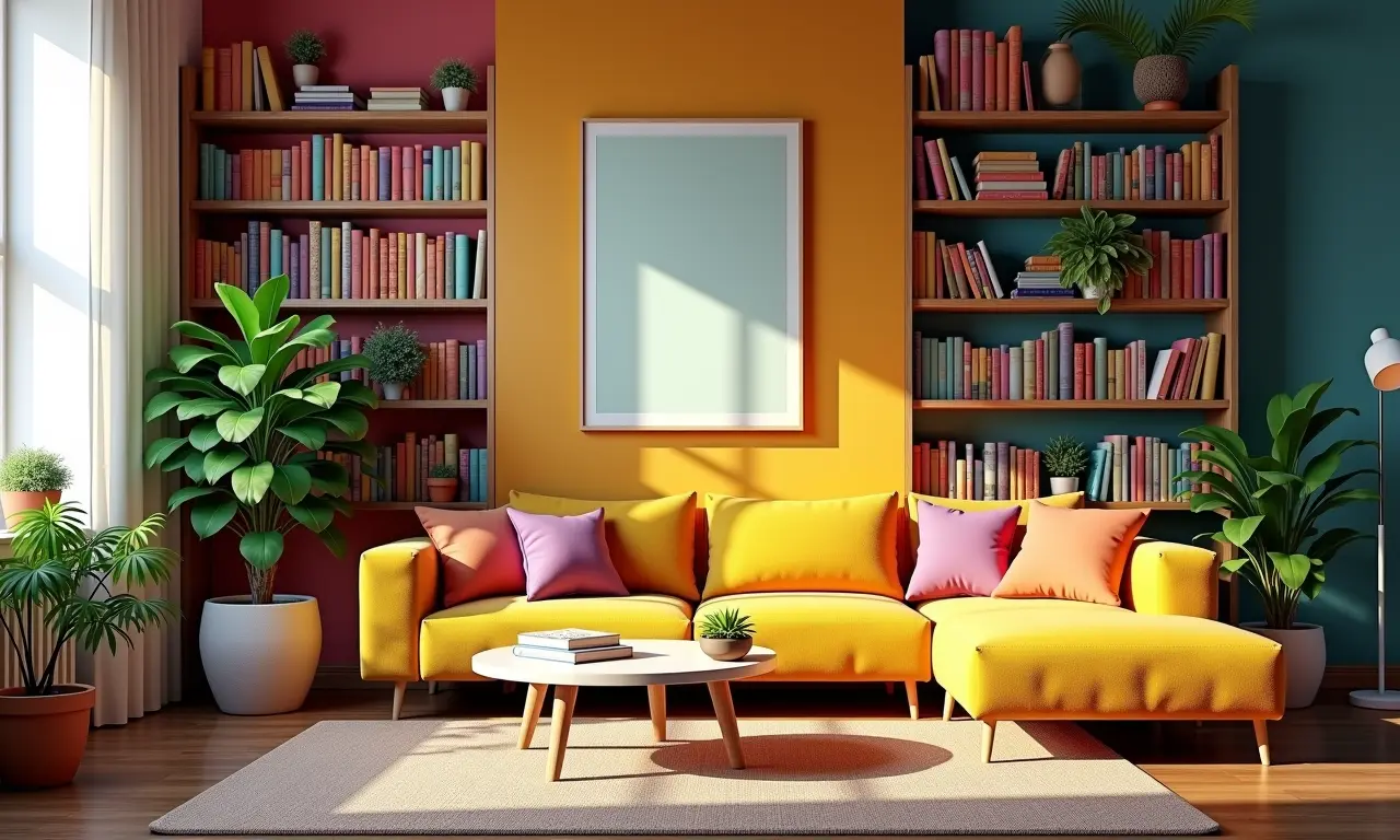 Prateleiras coloridas em sala vibrante com livros, plantas e arte brasileira.