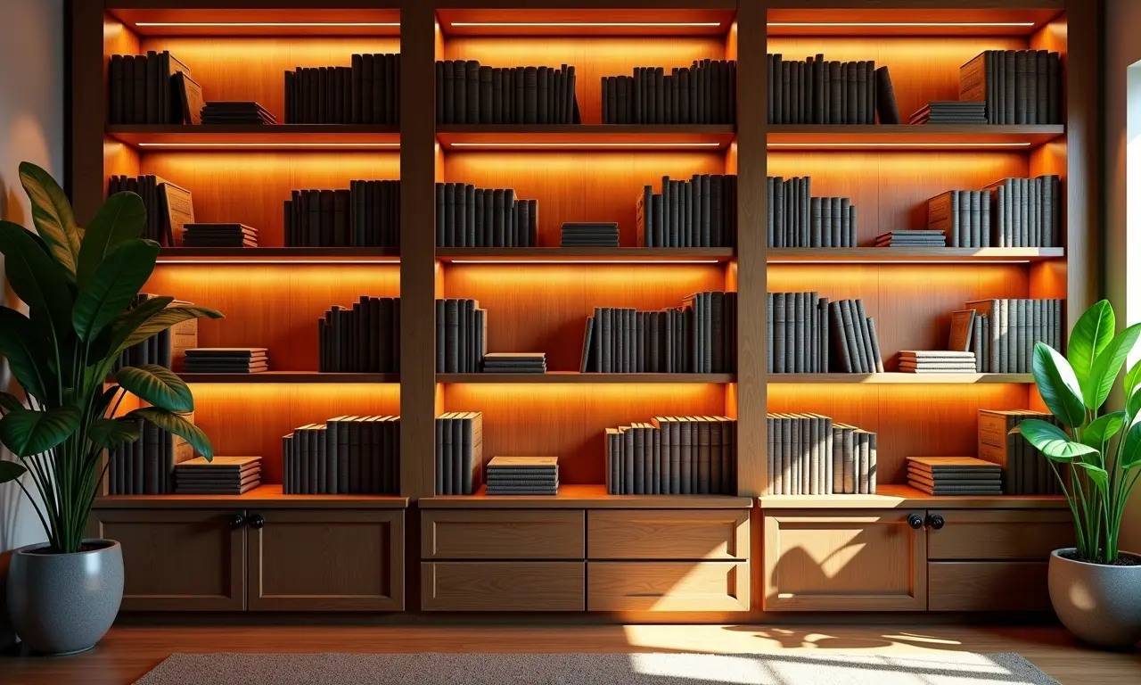 Prateleiras com iluminação embutida criando ambiente aconchegante.