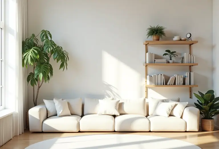 Prateleiras decorativas em sala de estar bem iluminada