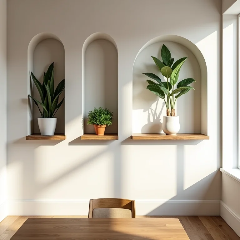 Prateleiras e nichos decorativos em sala de jantar pequena