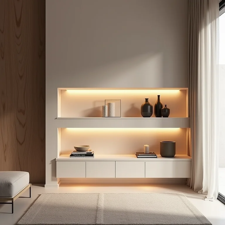 Prateleiras e nichos iluminados com fitas de LED em sala de estar