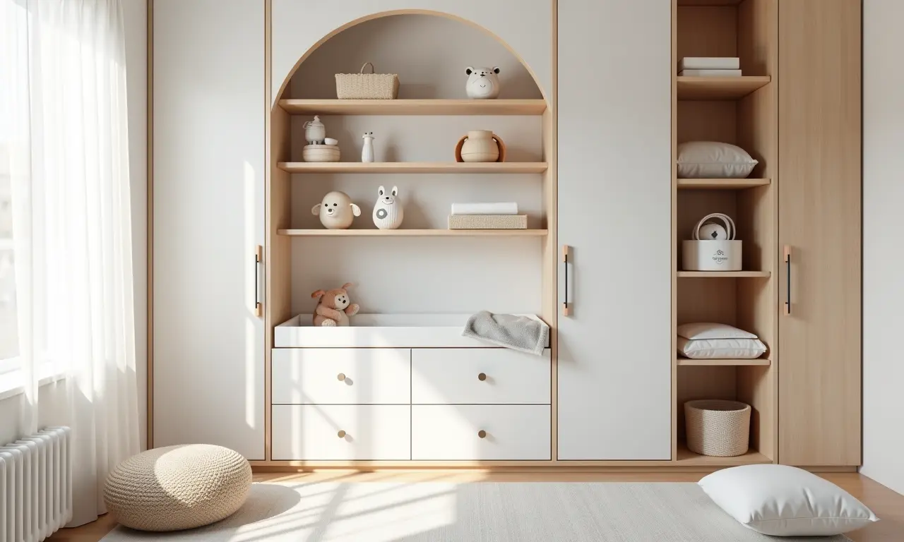 Prateleiras e nichos organizam os objetos no quarto do bebê.