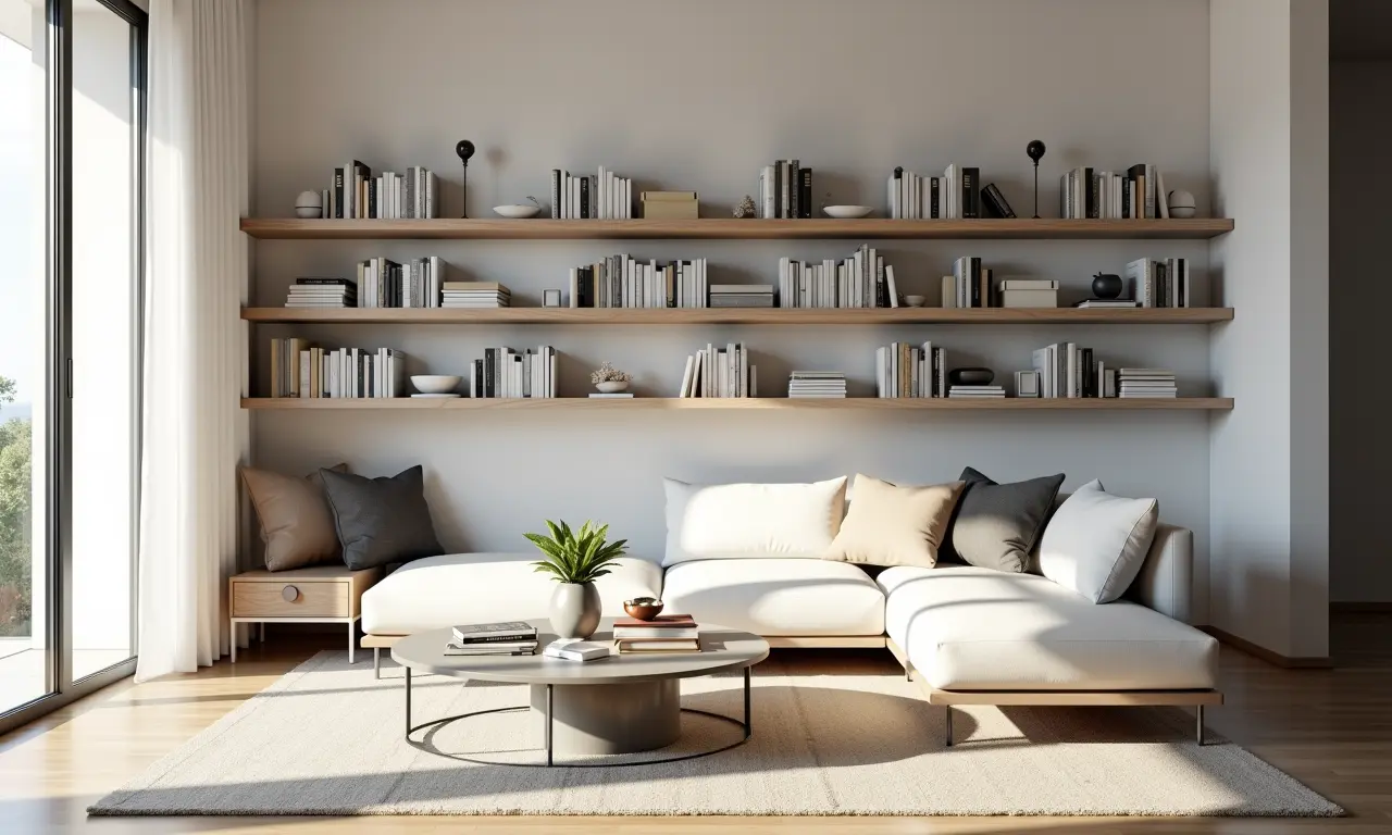 Prateleiras flutuantes com livros e objetos decorativos em sala minimalista.