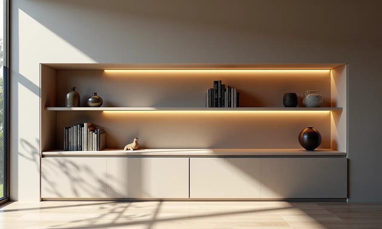 Prateleiras nicho embutidas na parede com design minimalista.