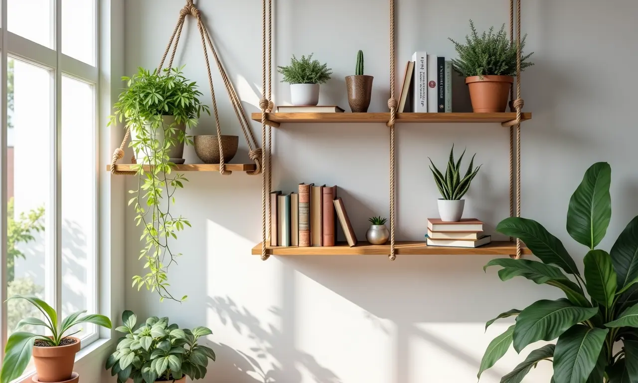 Prateleiras suspensas com cordas, livros e plantas em decoração boho chic.