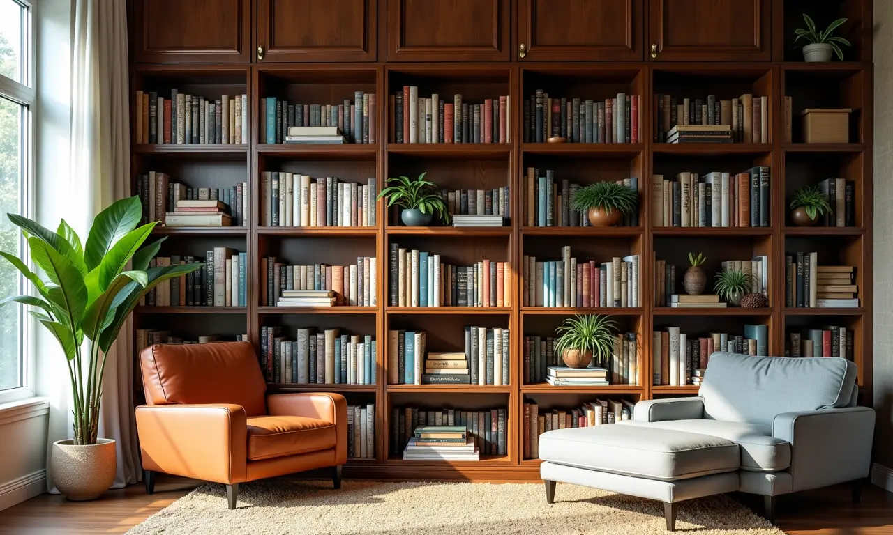 Prateleiras temáticas exibindo paixão por viagens com livros e lembranças.