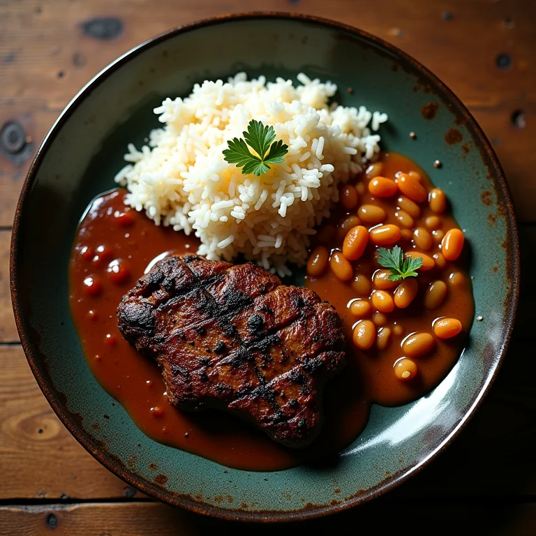 Prato brasileiro com arroz, feijão, farofa e carne