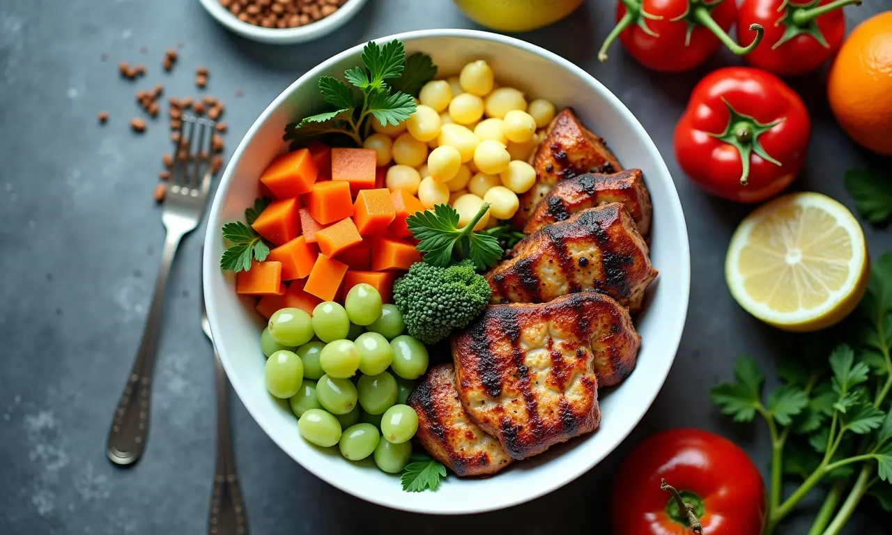 Prato colorido com alimentos saudáveis, frutas, legumes e proteína magra.