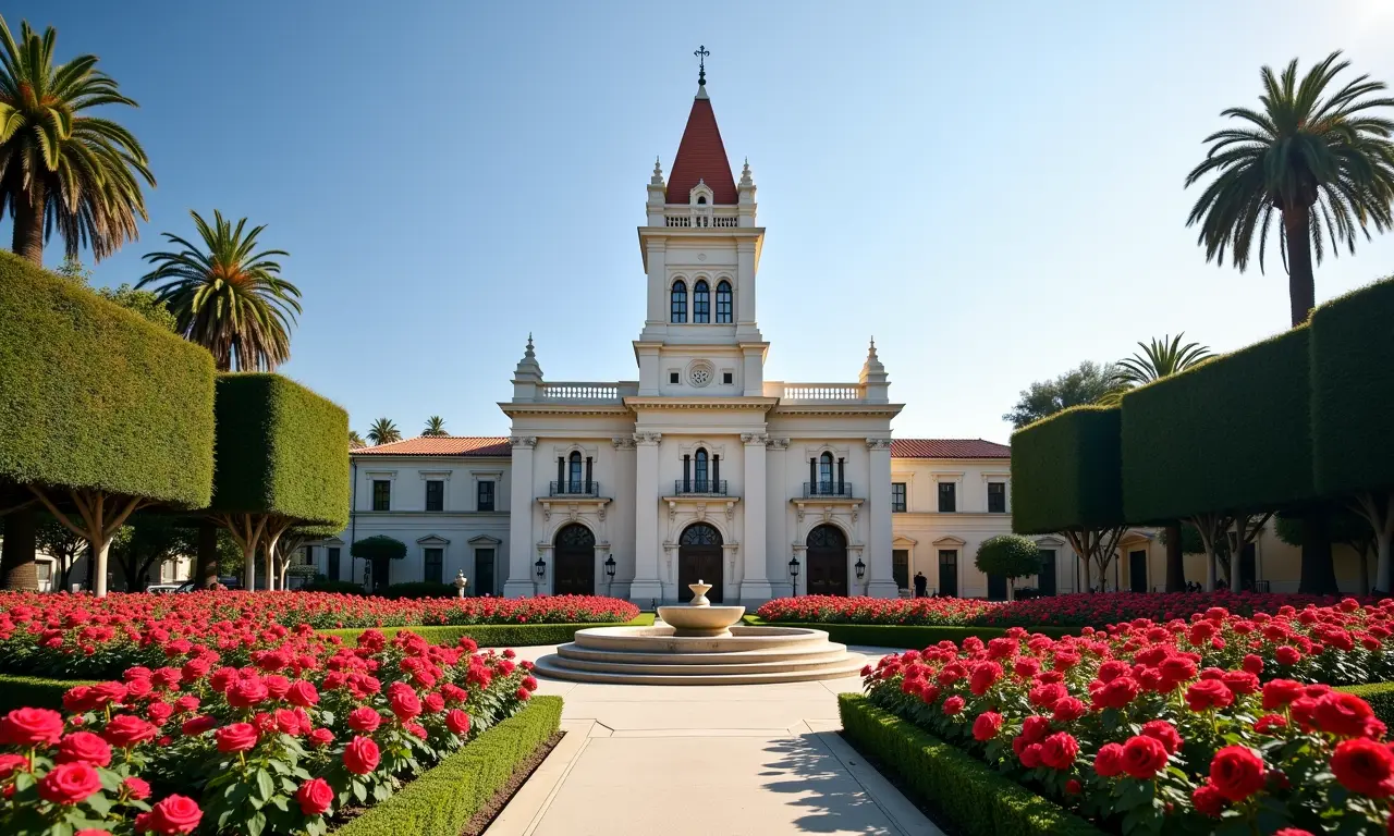 Prefeitura de Pasadena, com arquitetura histórica e jardim de rosas.