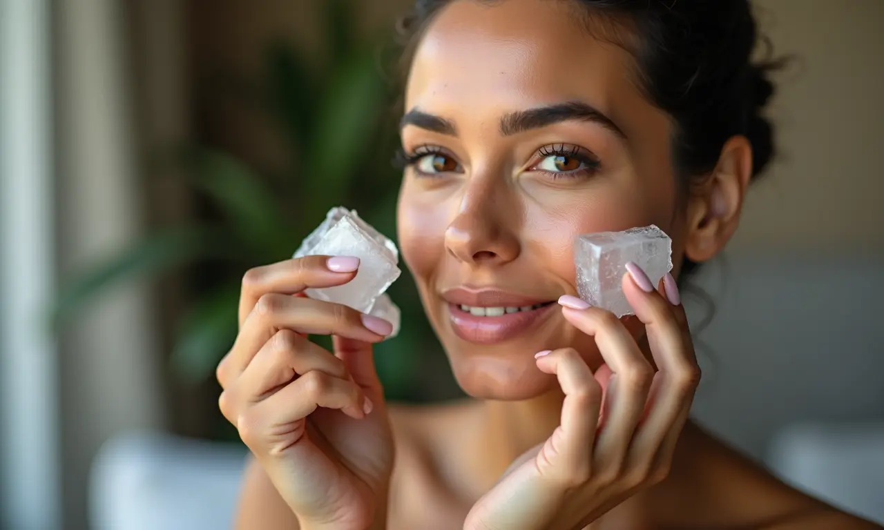 Preparo da pele para maquiagem com gelo.