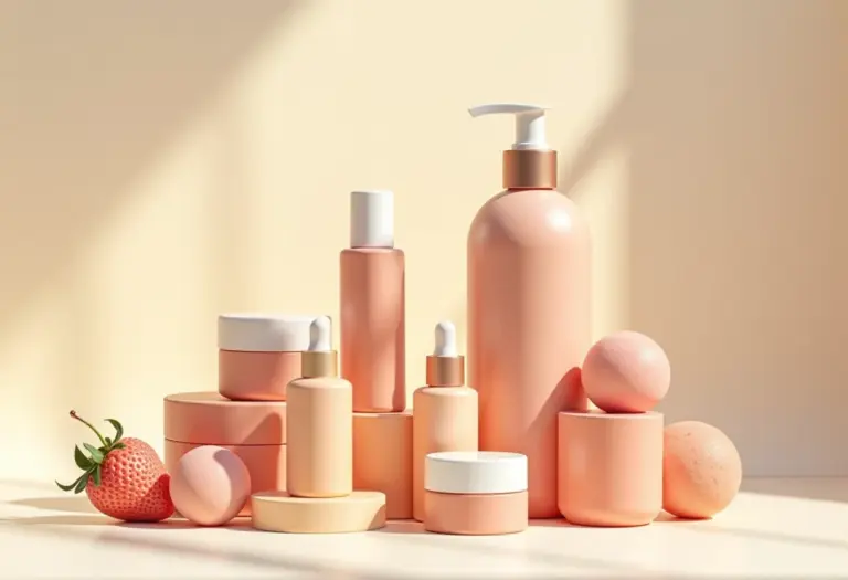 Produtos de beleza diversos dispostos em composição elegante.