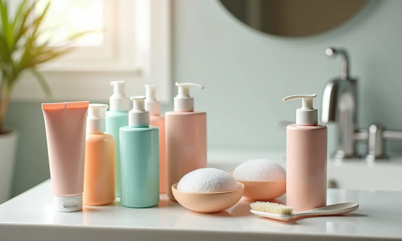 Produtos de higiene íntima em um banheiro elegante.