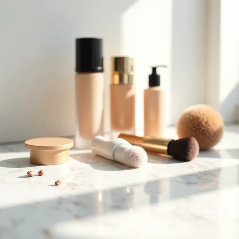 Produtos de maquiagem e skincare em fundo de mármore