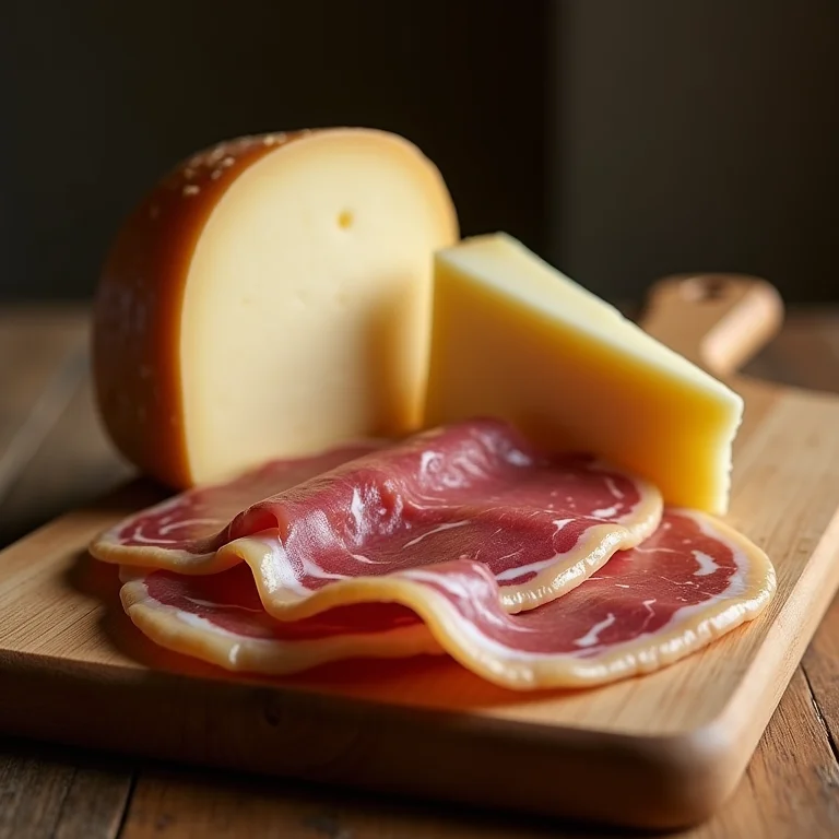 Produtos locais de Madrid: queijo artesanal e jamón ibérico.