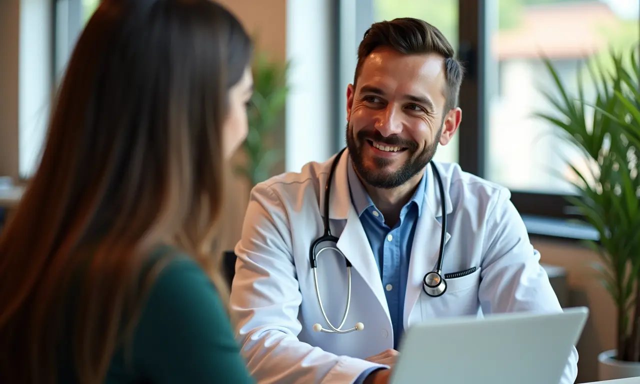 Profissional visagista consultando cliente em um escritório aconchegante.