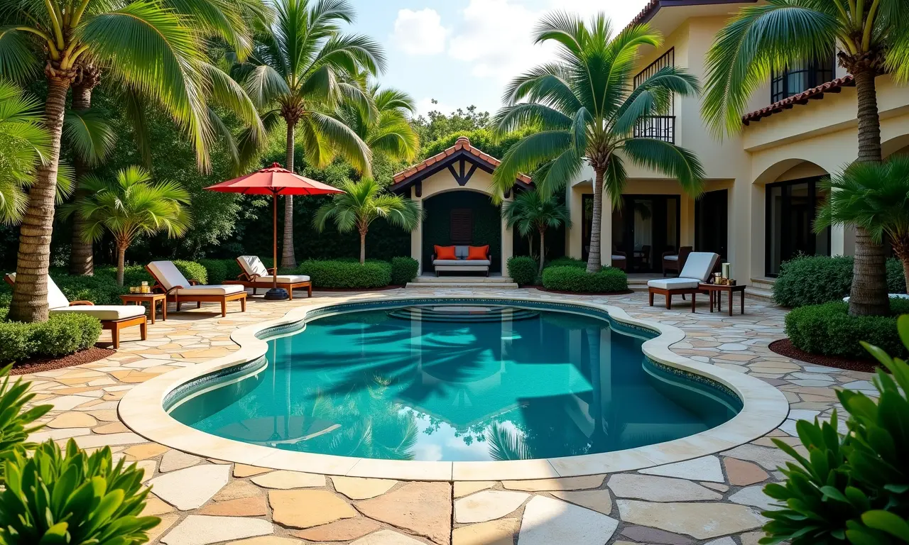 Projeto paisagístico exuberante para área de piscina.