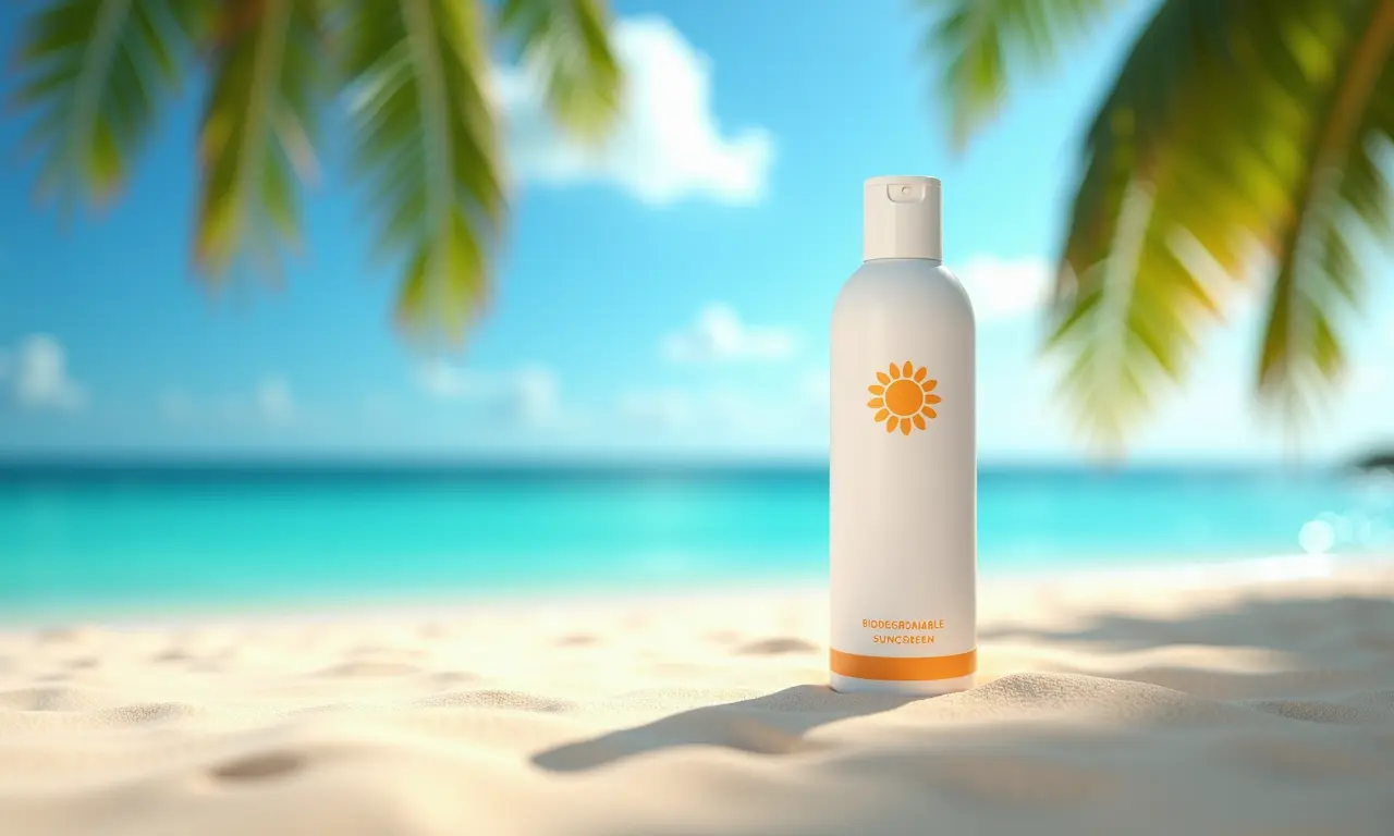 Protetor solar biodegradável da marca [Marca] na praia tropical.