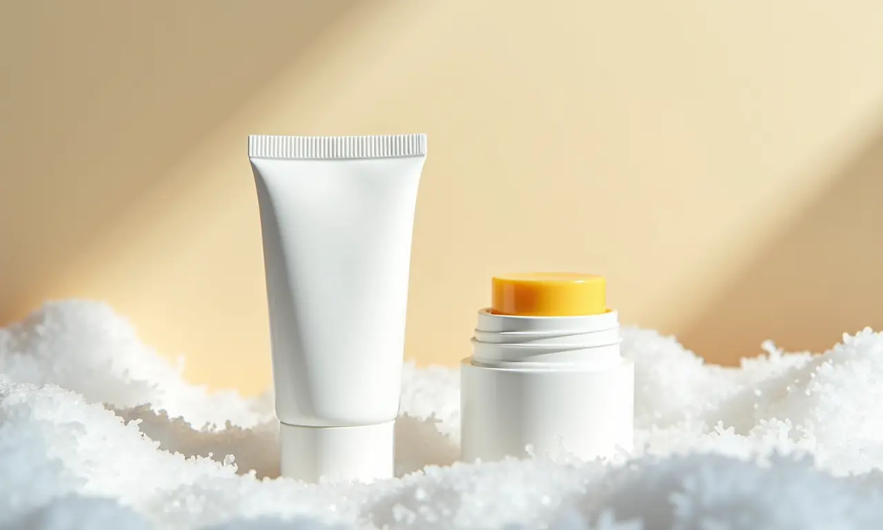 Protetor solar e labial para proteger a pele do frio e do sol na neve.