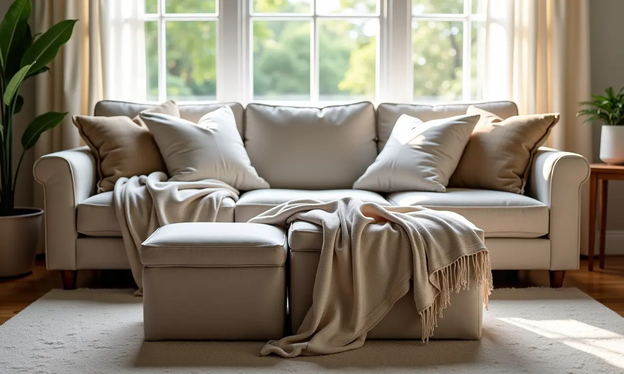 Puffs com armazenamento usados como assento e organizador em uma sala de estar.