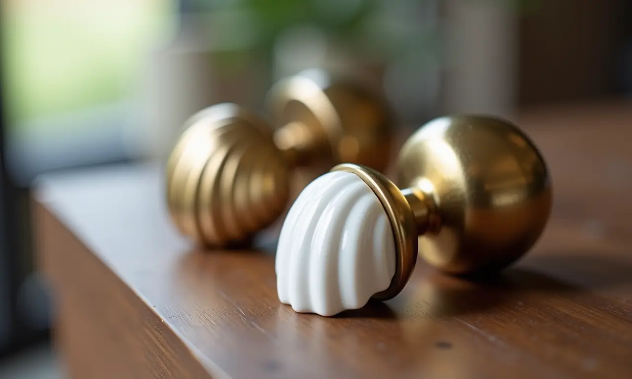 Puxadores concha em diferentes materiais: latão, inox e cerâmica.