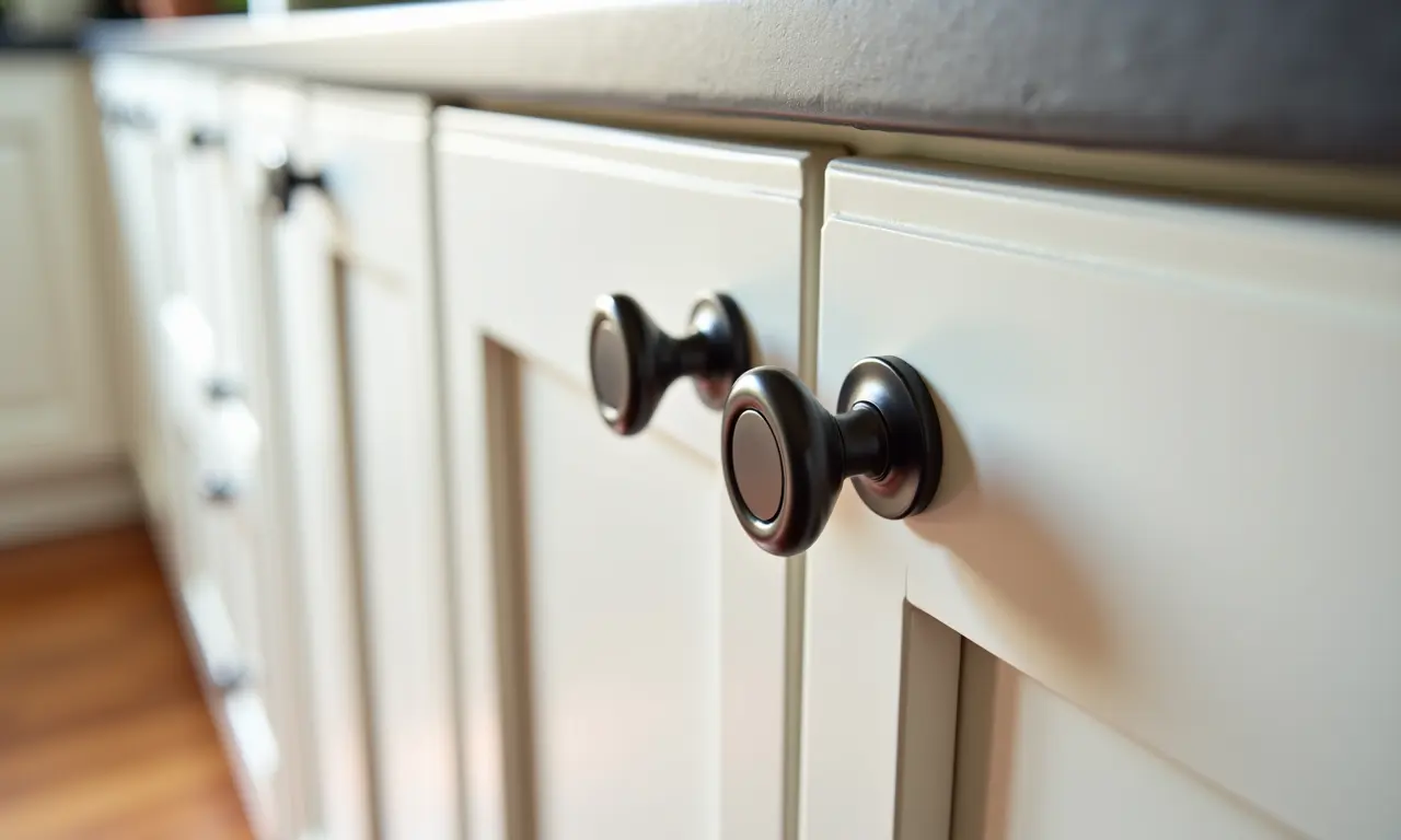 Puxadores e detalhes renovados em armário de cozinha.