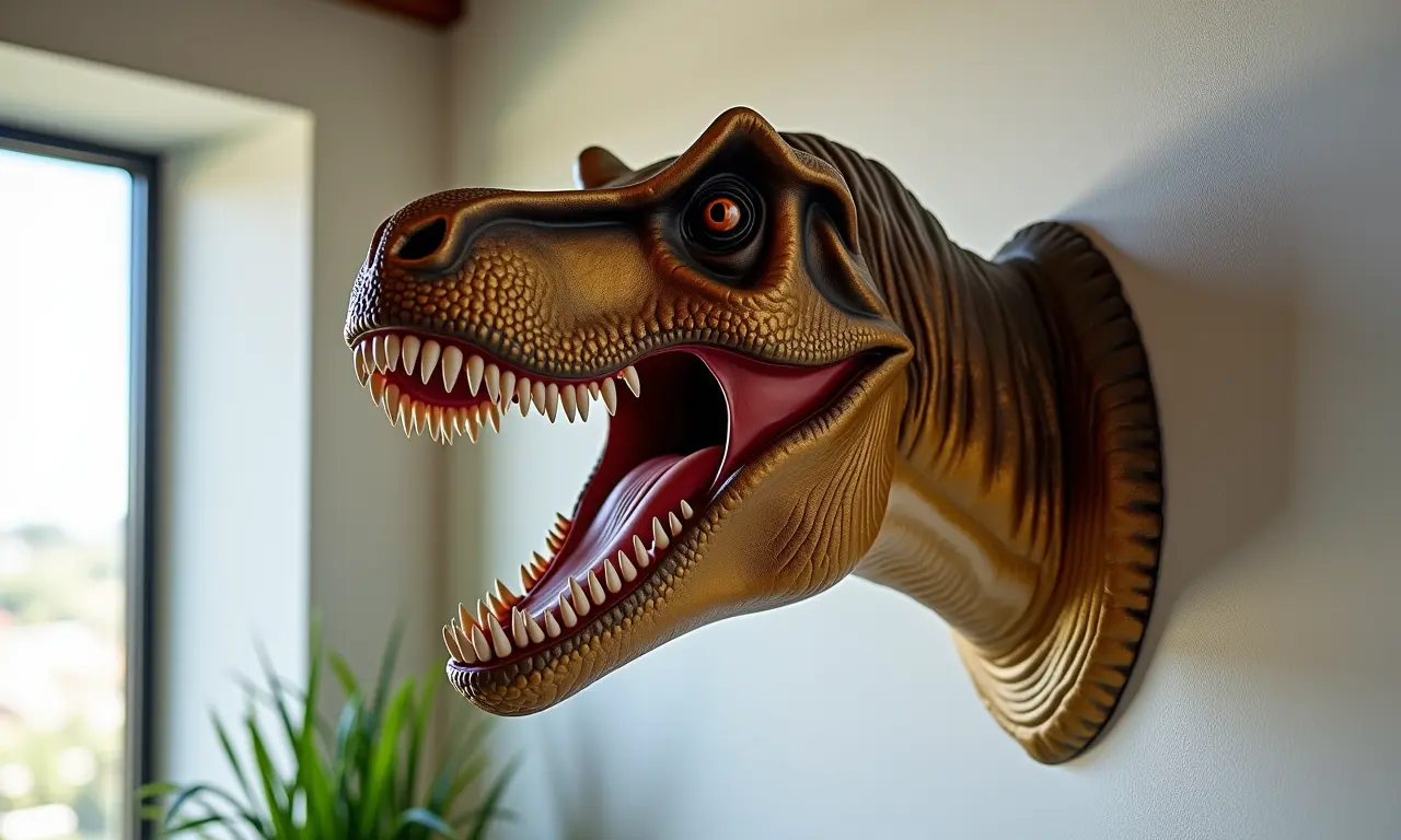 Quadro 3D decorativo de um T-Rex em quarto infantil.
