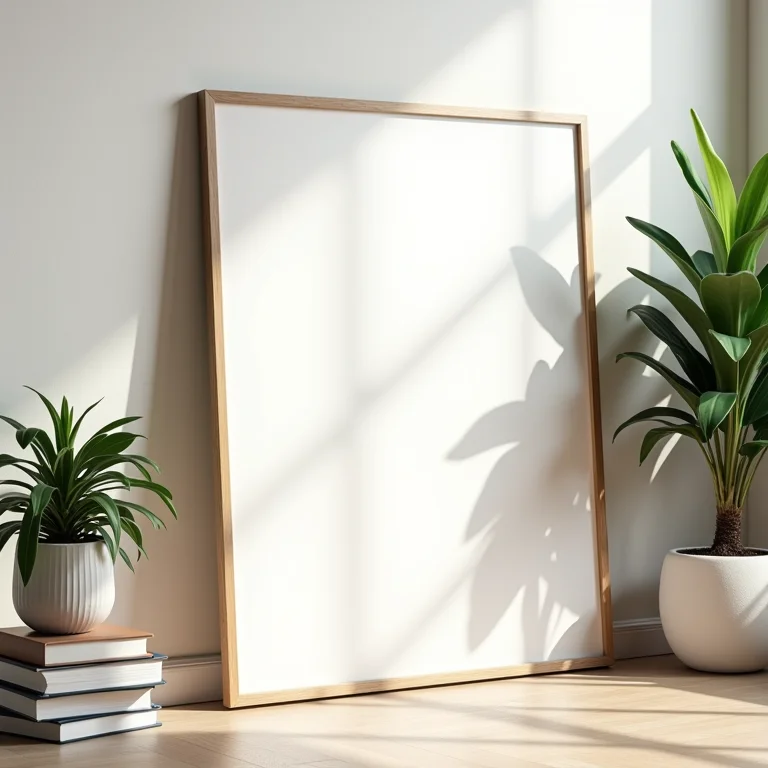 Quadro grande apoiado no chão em uma sala de estar despojada.