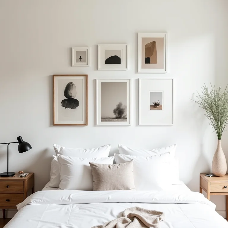 Quadros decorativos em um quarto de casal pequeno