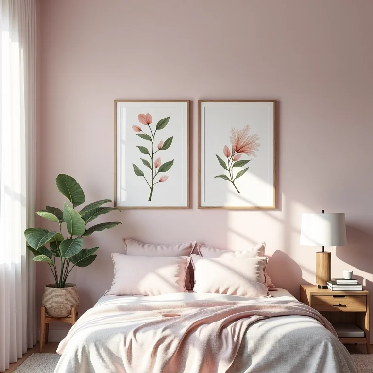 Quadros e objetos de arte em quarto cinza e rosa.