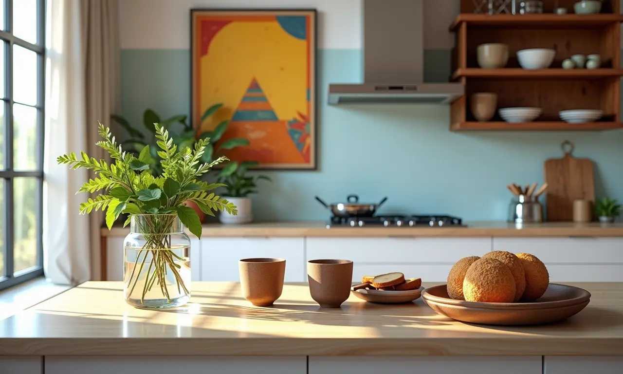 Quadros e objetos decorativos na cozinha.