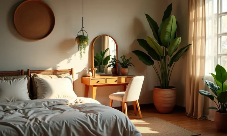 Quarto aconchegante com penteadeira e espelho, decoração brasileira.