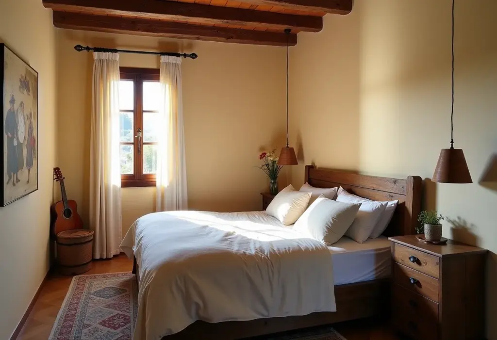 Quarto aconchegante de pousada charmosa com cama de madeira e luz natural.