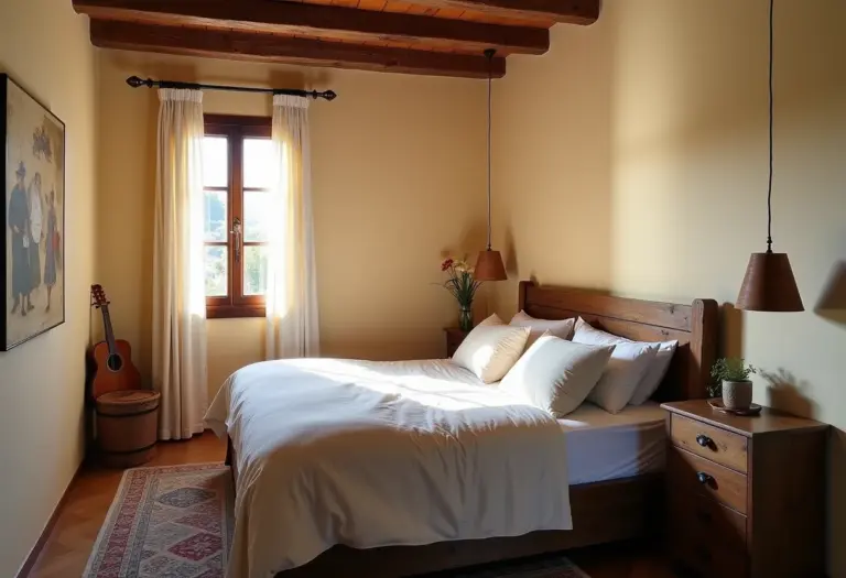 Quarto aconchegante de pousada charmosa com cama de madeira e luz natural.