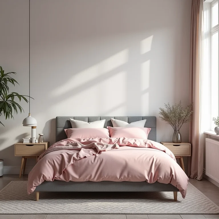 Quarto cinza e rosa em estilo escandinavo.