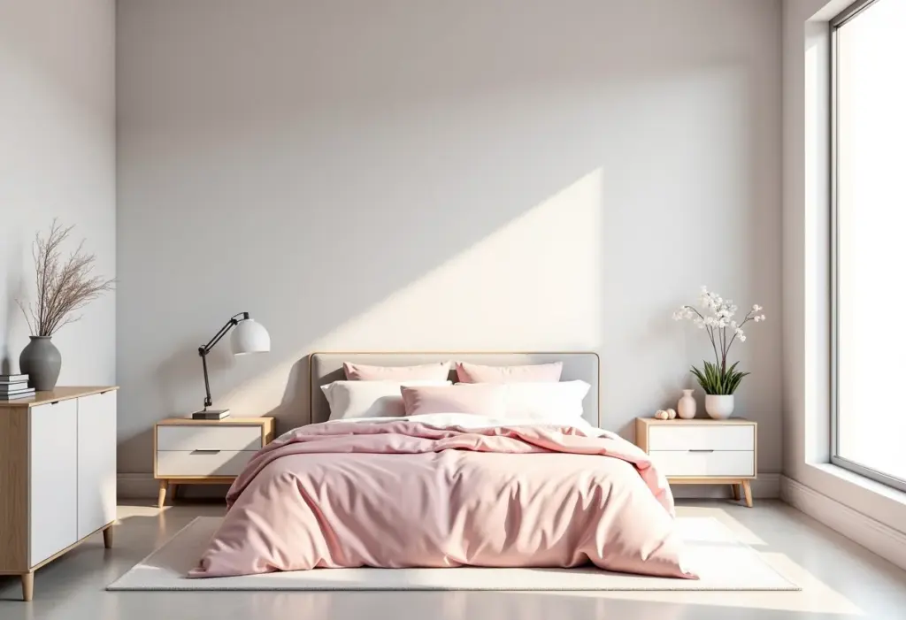 Quarto cinza e rosa moderno e convidativo.