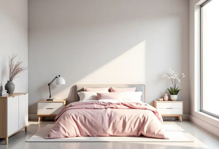 Quarto cinza e rosa moderno e convidativo.