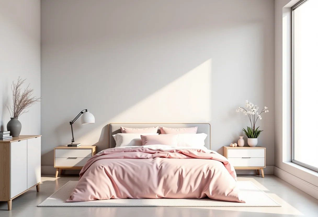 Quarto cinza e rosa moderno e convidativo.