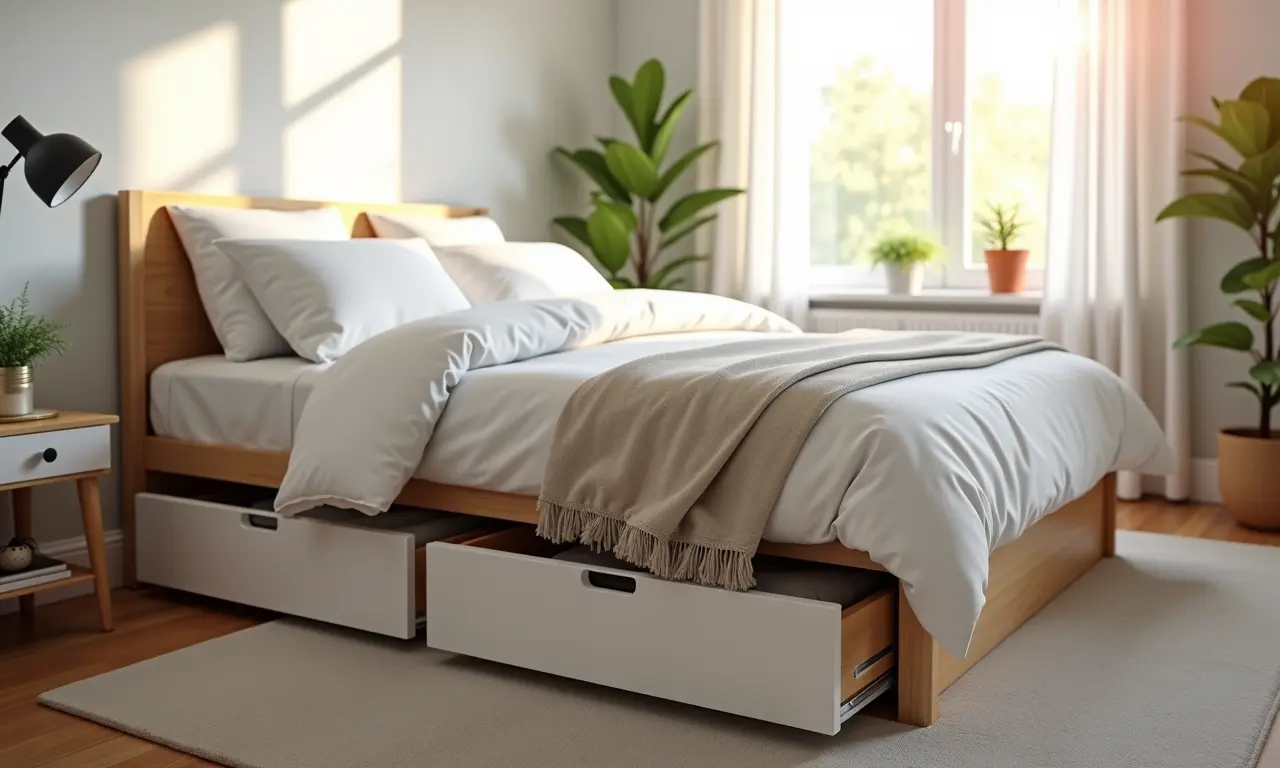 Quarto com cama com gavetas para espaço extra discreto.