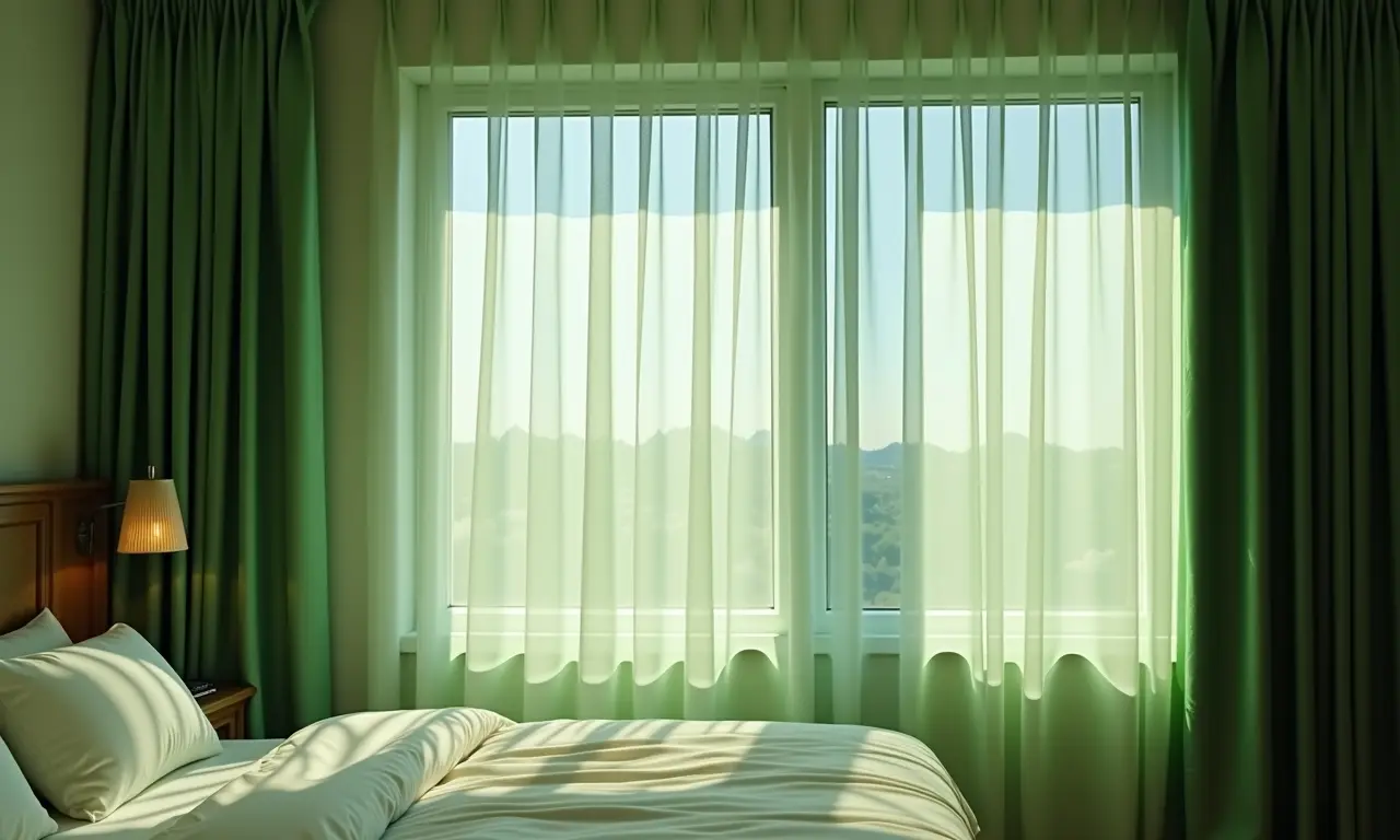 Quarto com cortinas verdes que garantem privacidade e adicionam elegância ao espaço.
