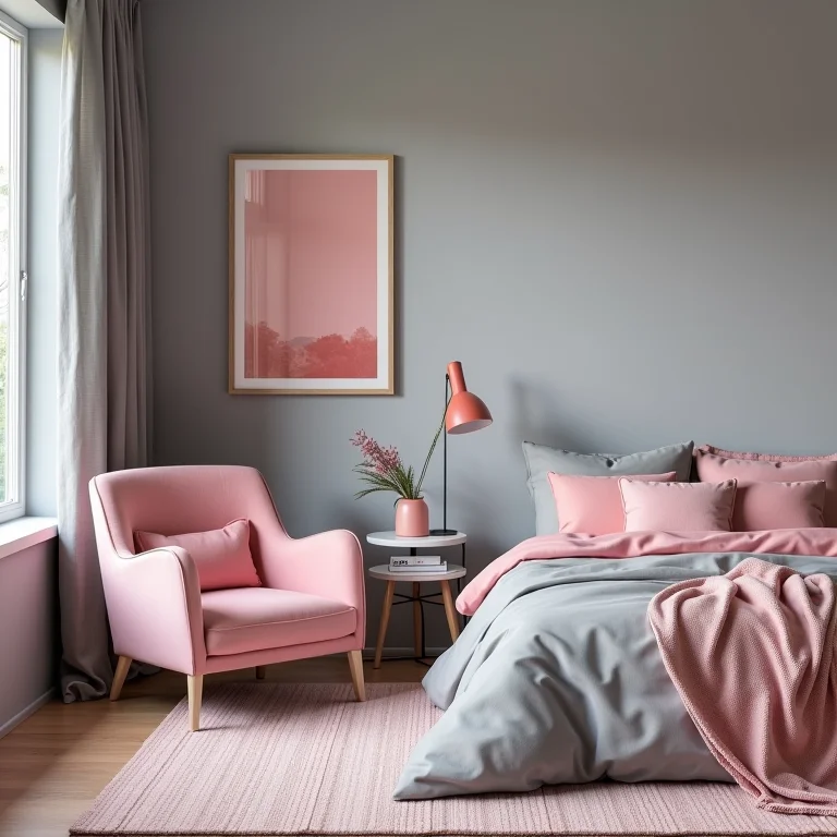 Quarto com equilíbrio de cores: cinza e rosa.