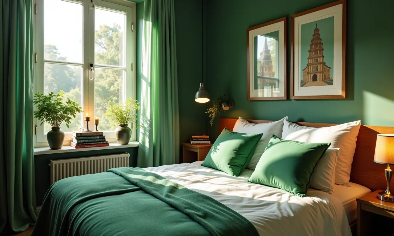 Quarto com objetos decorativos verdes que fazem a diferença nos detalhes.