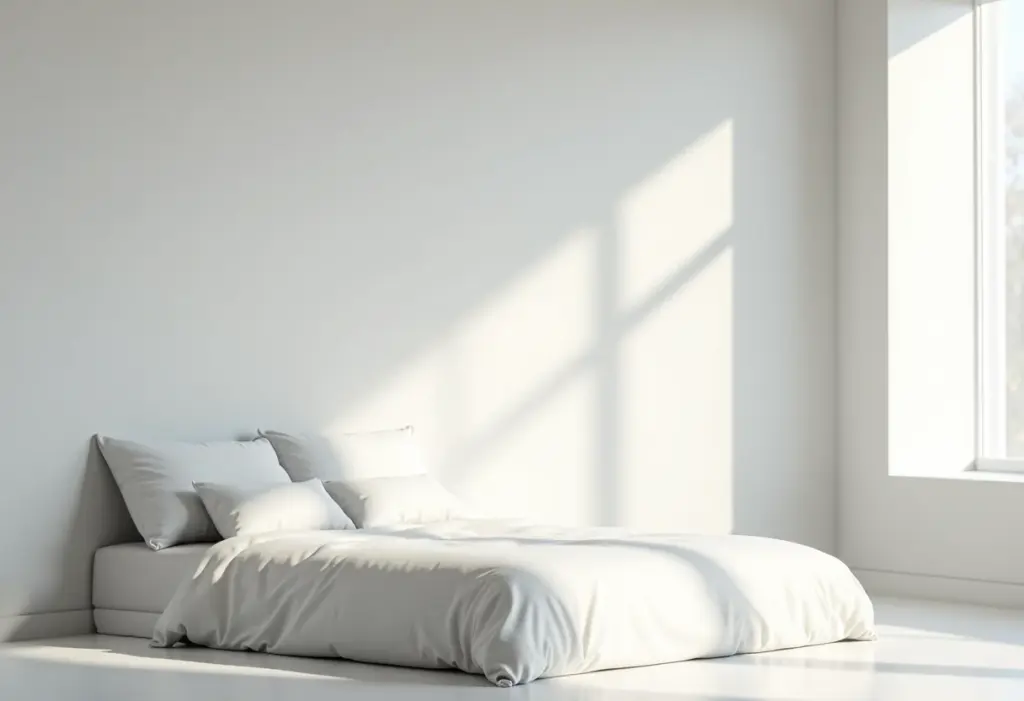 Quarto com paredes cinzas claras e iluminação suave