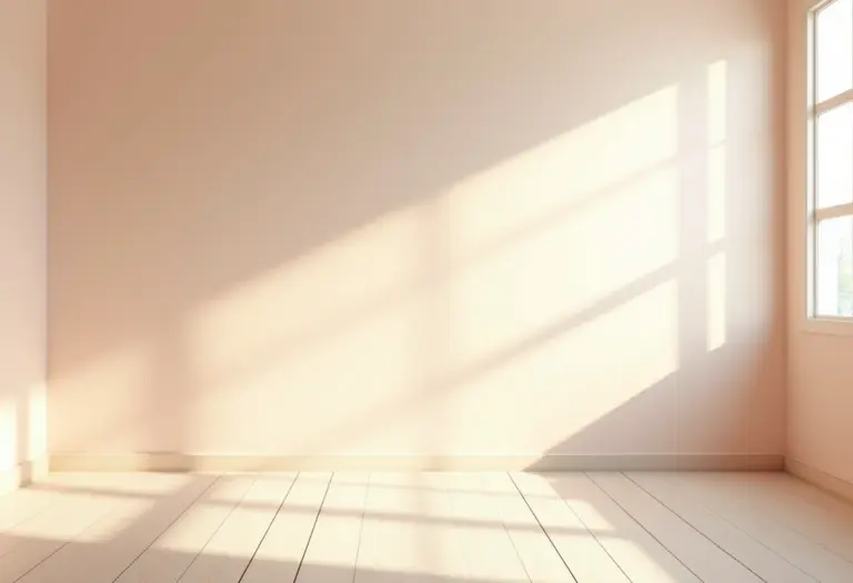 Quarto com paredes em tom pastel suave, iluminado pelo sol.