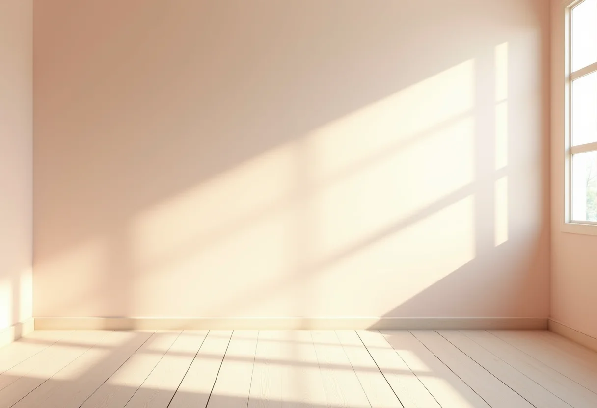 Quarto com paredes em tom pastel suave, iluminado pelo sol.